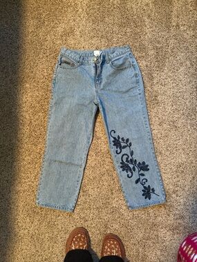 Light Blue Women's Jeans with Dark Blue Floral Embroidery - #23